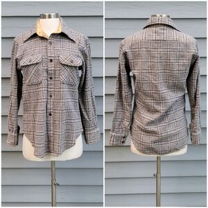 Vintage 60s J. C. Penny Wool Board Shirt Tan Navy Blue Cream Plaid Surf Shirt